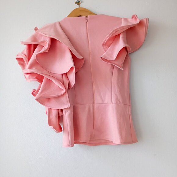 NYLON Ruffle Sleeve Peplum Top – Pink Keyhole Blouse | Size Small - Picture 7 of 9